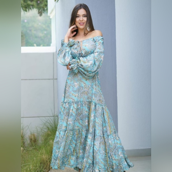 Karma Highway Flowy Silky Tier Hi-Lo Dress Lt.Blue/Rose OS-NWT - Picture 7 of 10